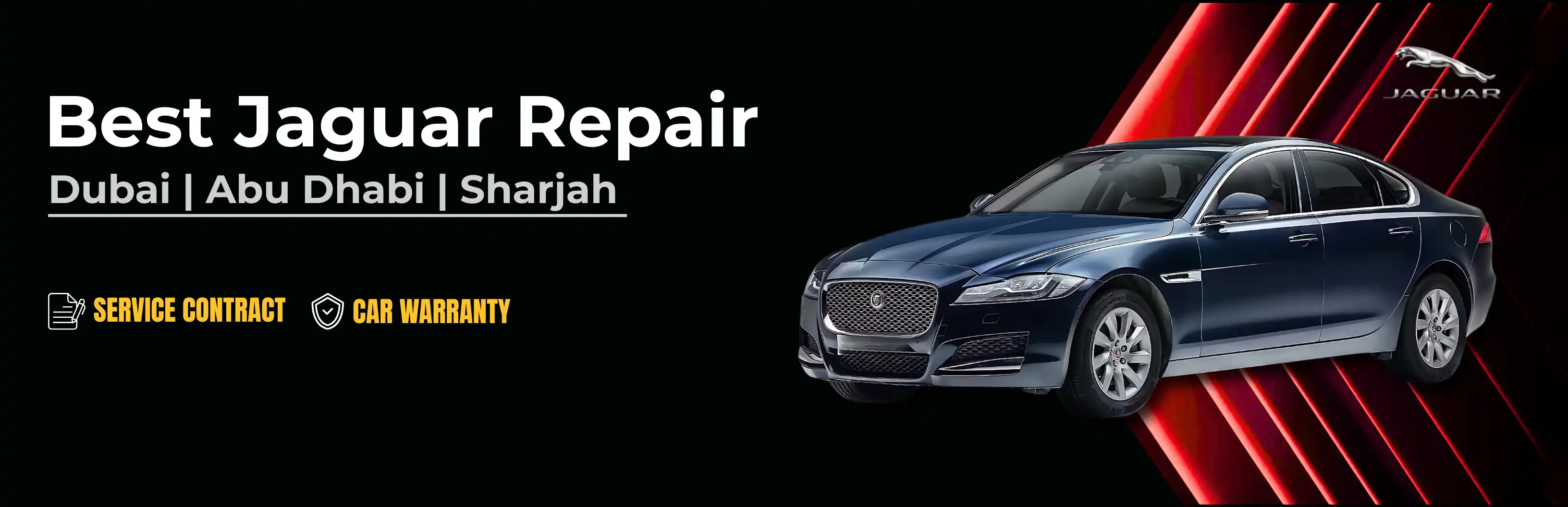 German Autos banner reading 'Best Jaguar Repair — Dubai, Abu Dhabi, Sharjah', with service contract and car warranty badges