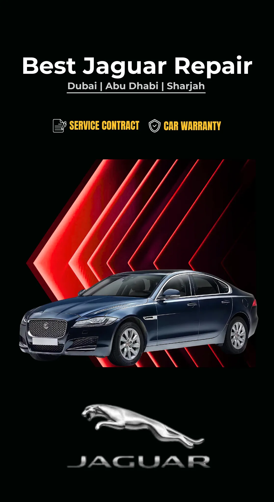 German Autos banner reading 'Best Jaguar Repair — Dubai, Abu Dhabi, Sharjah', with service contract and car warranty badges