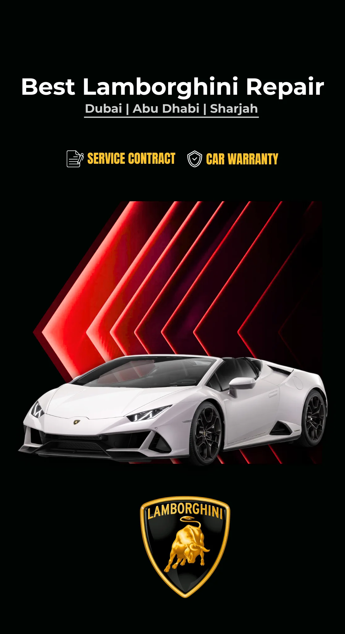 German Autos banner reading 'Best Lamborghini Repair — Dubai, Abu Dhabi, Sharjah', with service contract and car warranty badges