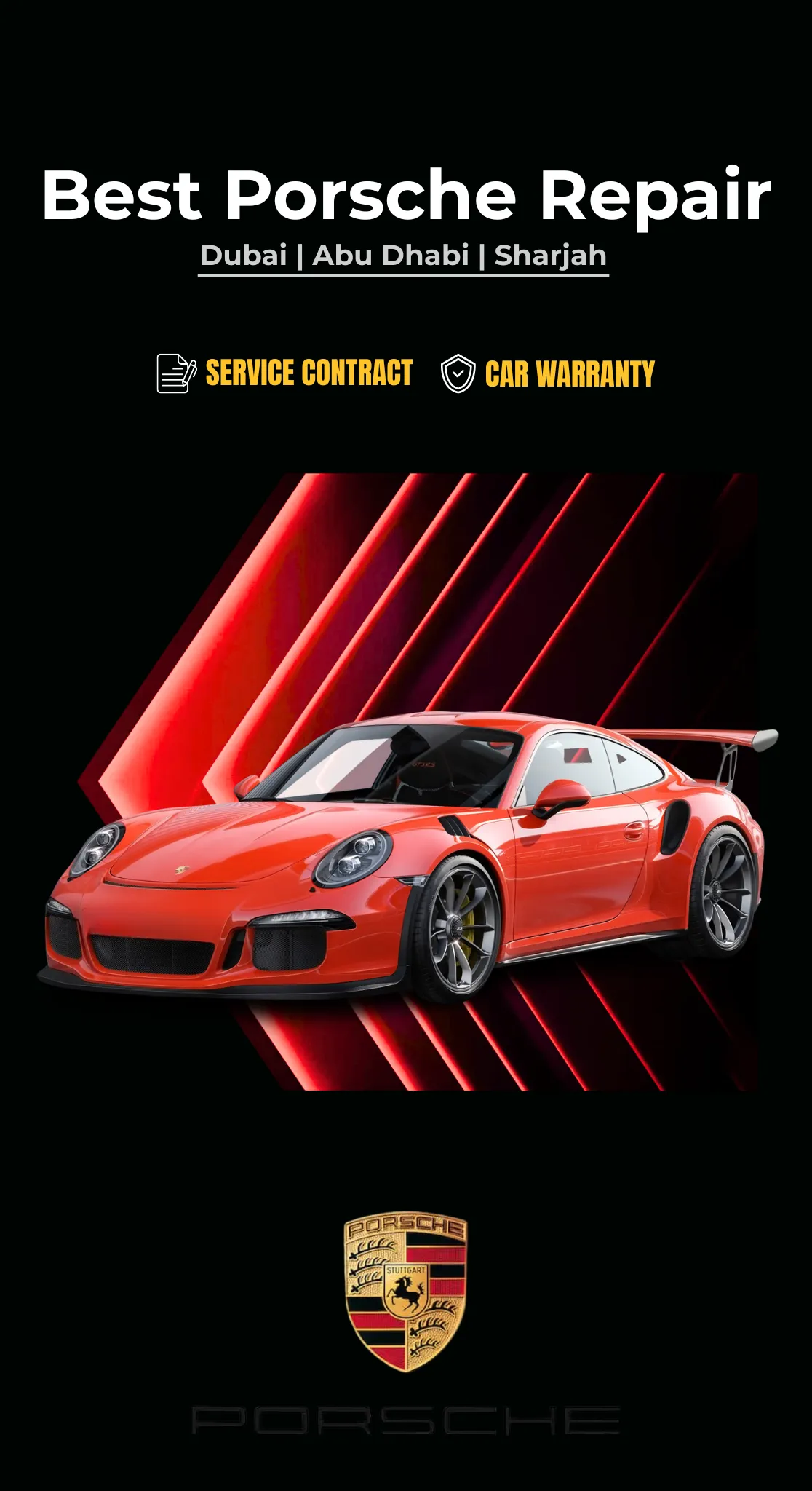 German Autos banner reading 'Best Porsche Repair — Dubai, Abu Dhabi, Sharjah', with service contract and car warranty badges