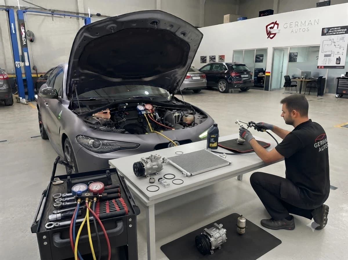 Alfa Romeo air conditioning repair and re-gas at German Autos, Al Quoz Dubai