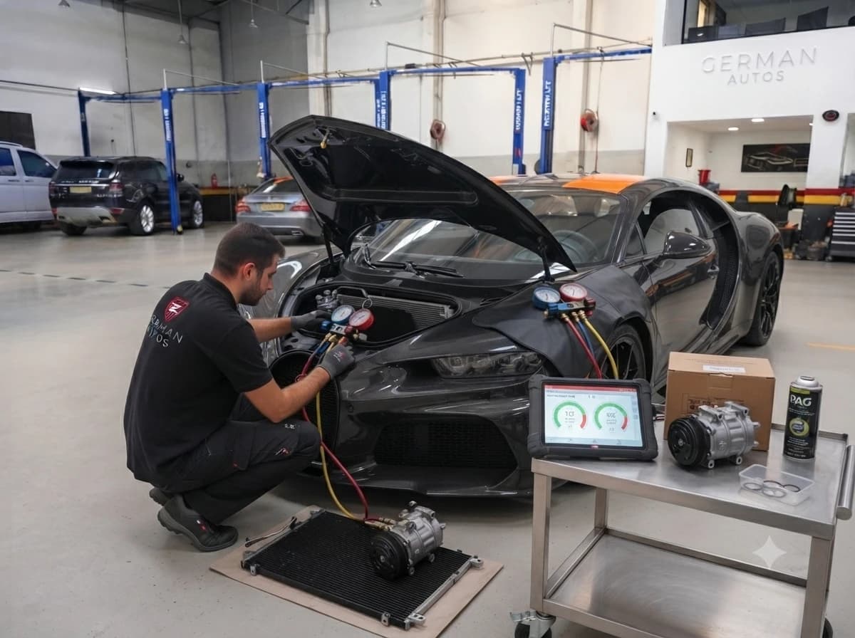 Bugatti air conditioning repair and re-gas at German Autos, Al Quoz Dubai