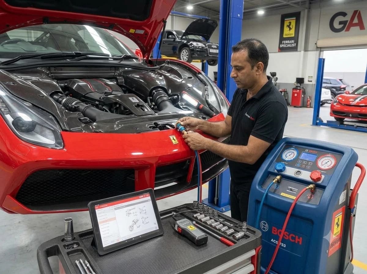 Ferrari air conditioning repair and re-gas at German Autos, Al Quoz Dubai
