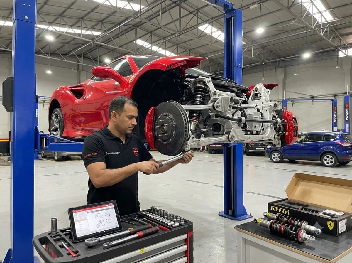 Ferrari suspension repair at German Autos, Al Quoz Dubai