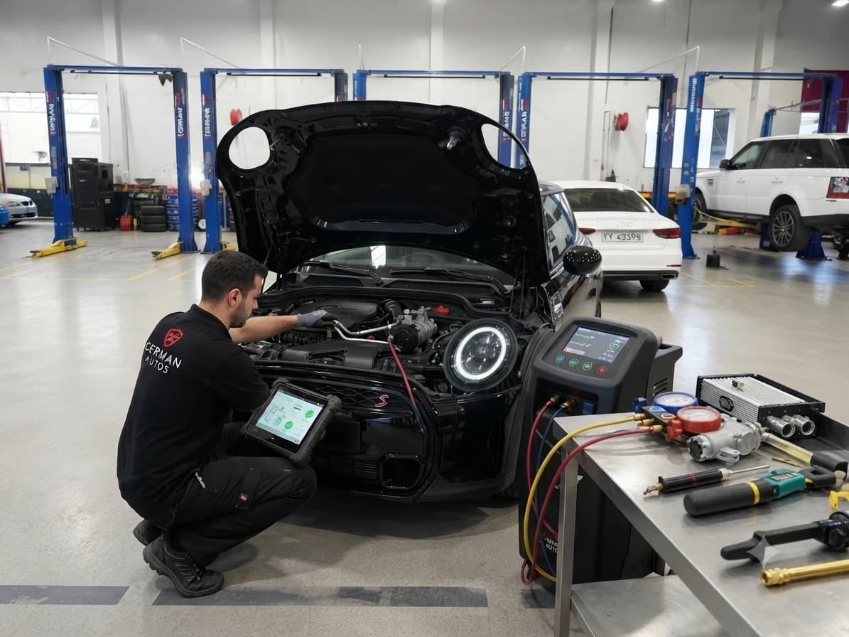 Mini Cooper air conditioning repair and re-gas at German Autos, Al Quoz Dubai