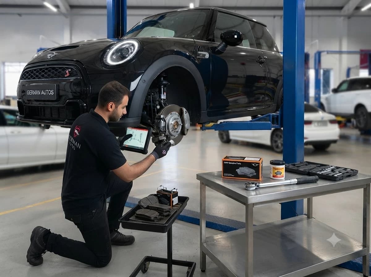 Mini Cooper brake pad and disc replacement at German Autos, Al Quoz Dubai