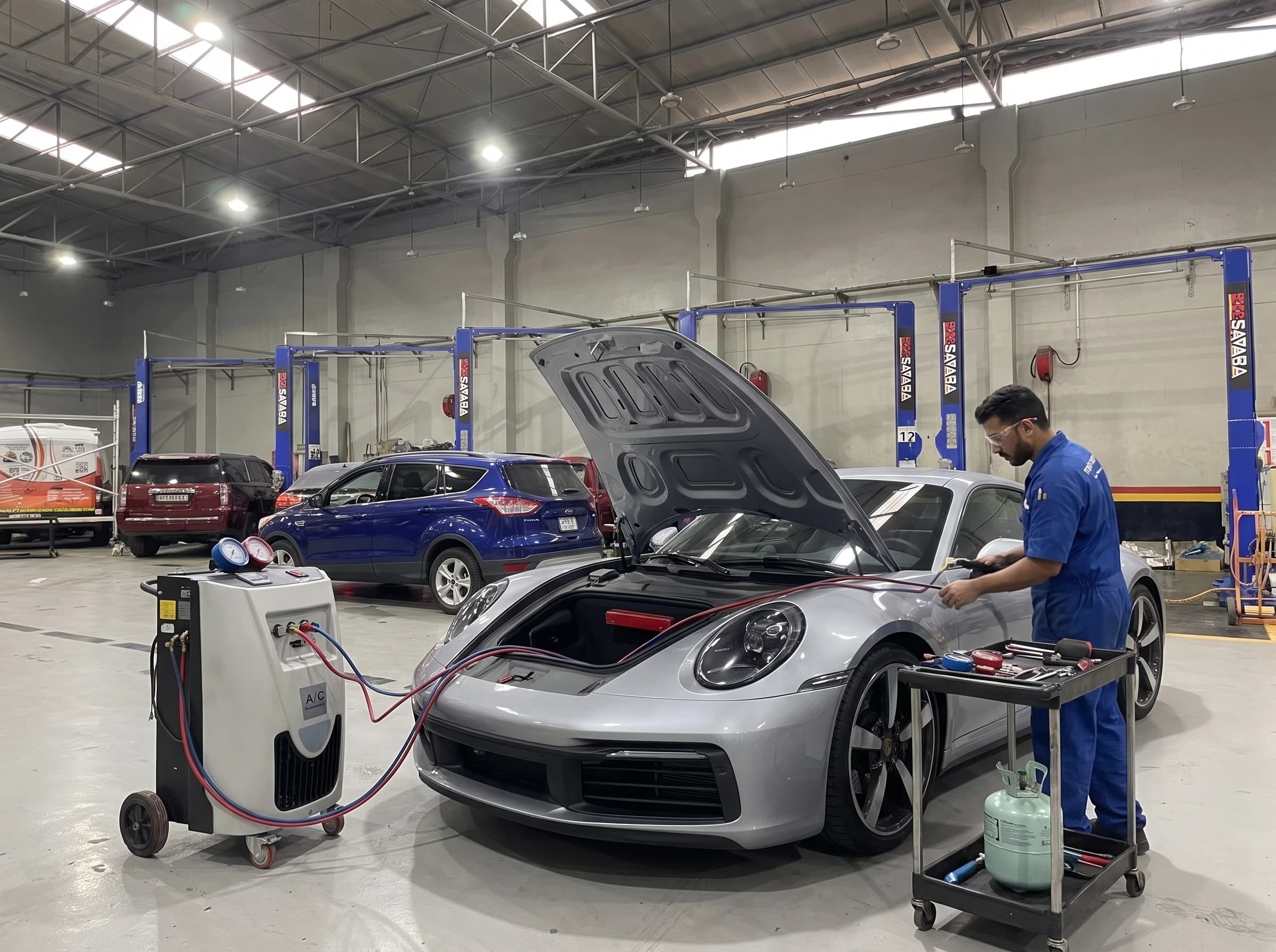 Porsche air conditioning repair and re-gas at German Autos, Al Quoz Dubai