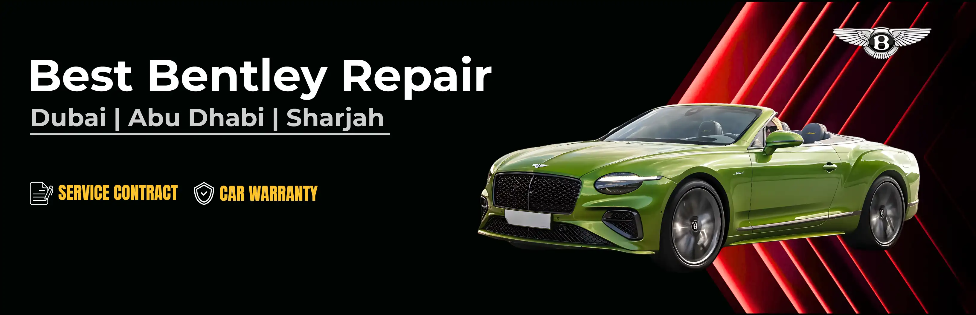 German Autos banner reading 'Best Bentley Repair — Dubai, Abu Dhabi, Sharjah', with service contract and car warranty badges