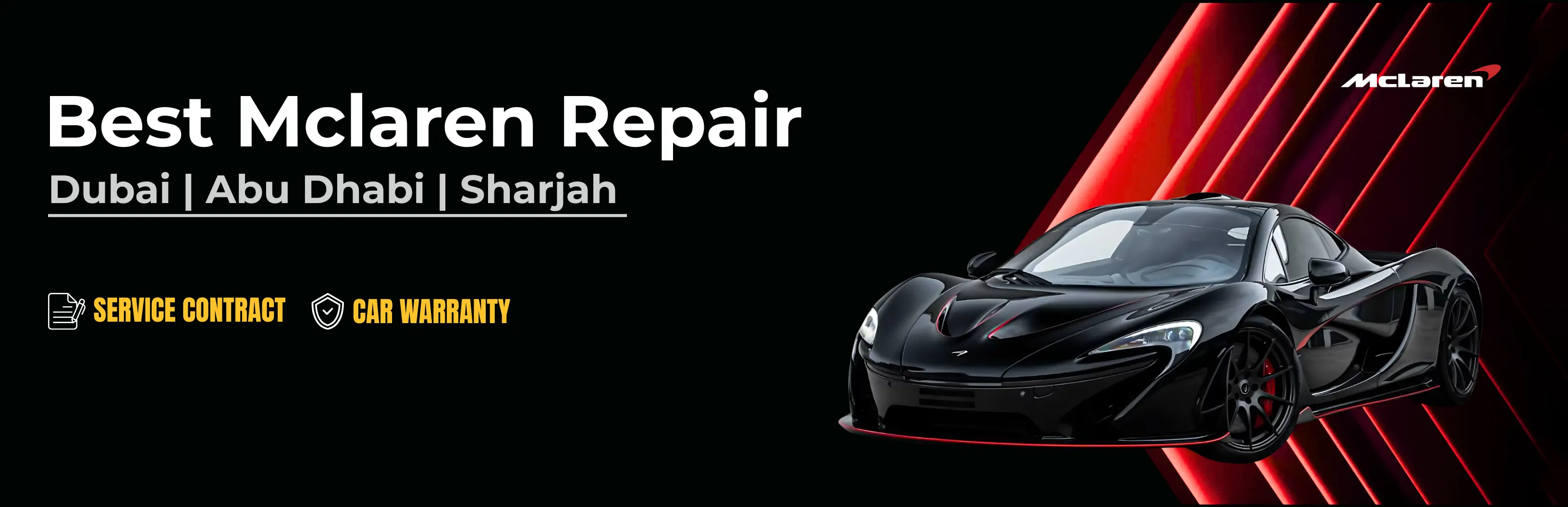 German Autos banner reading 'Best McLaren Repair — Dubai, Abu Dhabi, Sharjah', with service contract and car warranty badges