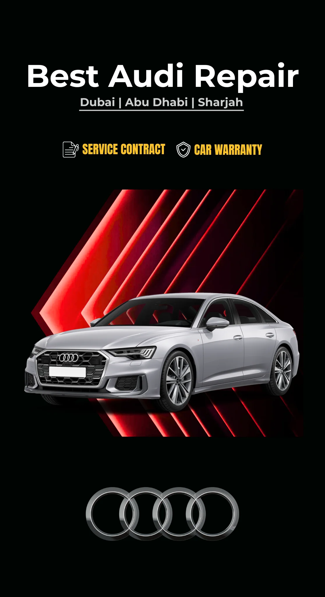 German Autos banner reading 'Best Audi Repair — Dubai, Abu Dhabi, Sharjah', with service contract and car warranty badges