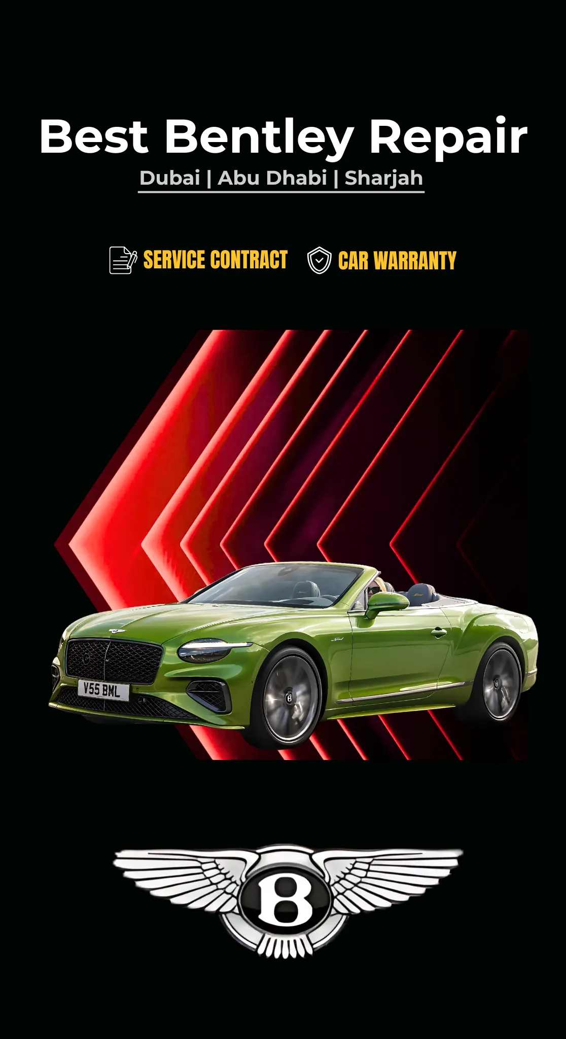 German Autos banner reading 'Best Bentley Repair — Dubai, Abu Dhabi, Sharjah', with service contract and car warranty badges