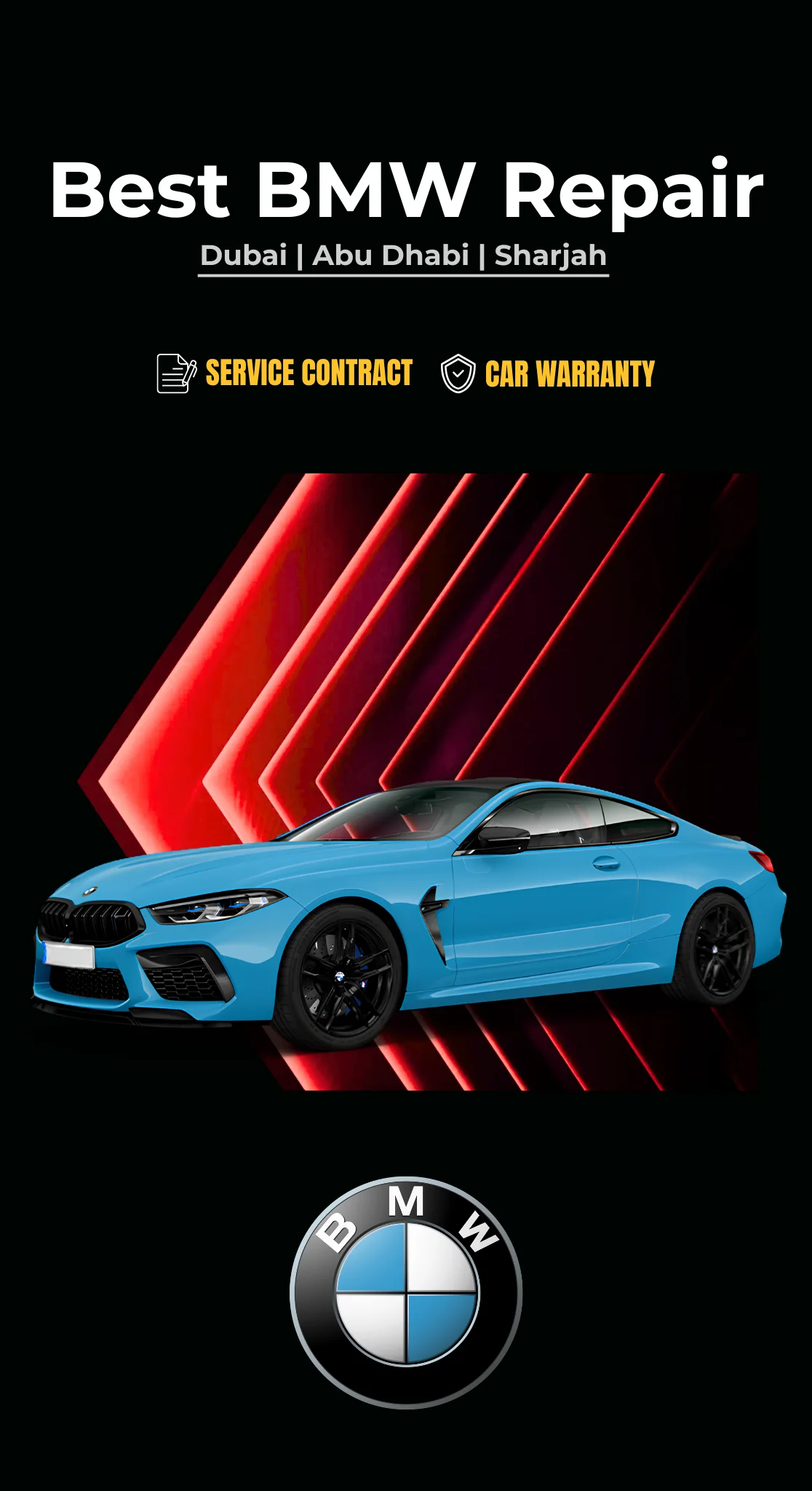German Autos banner reading 'Best BMW Repair — Dubai, Abu Dhabi, Sharjah', with service contract and car warranty badges