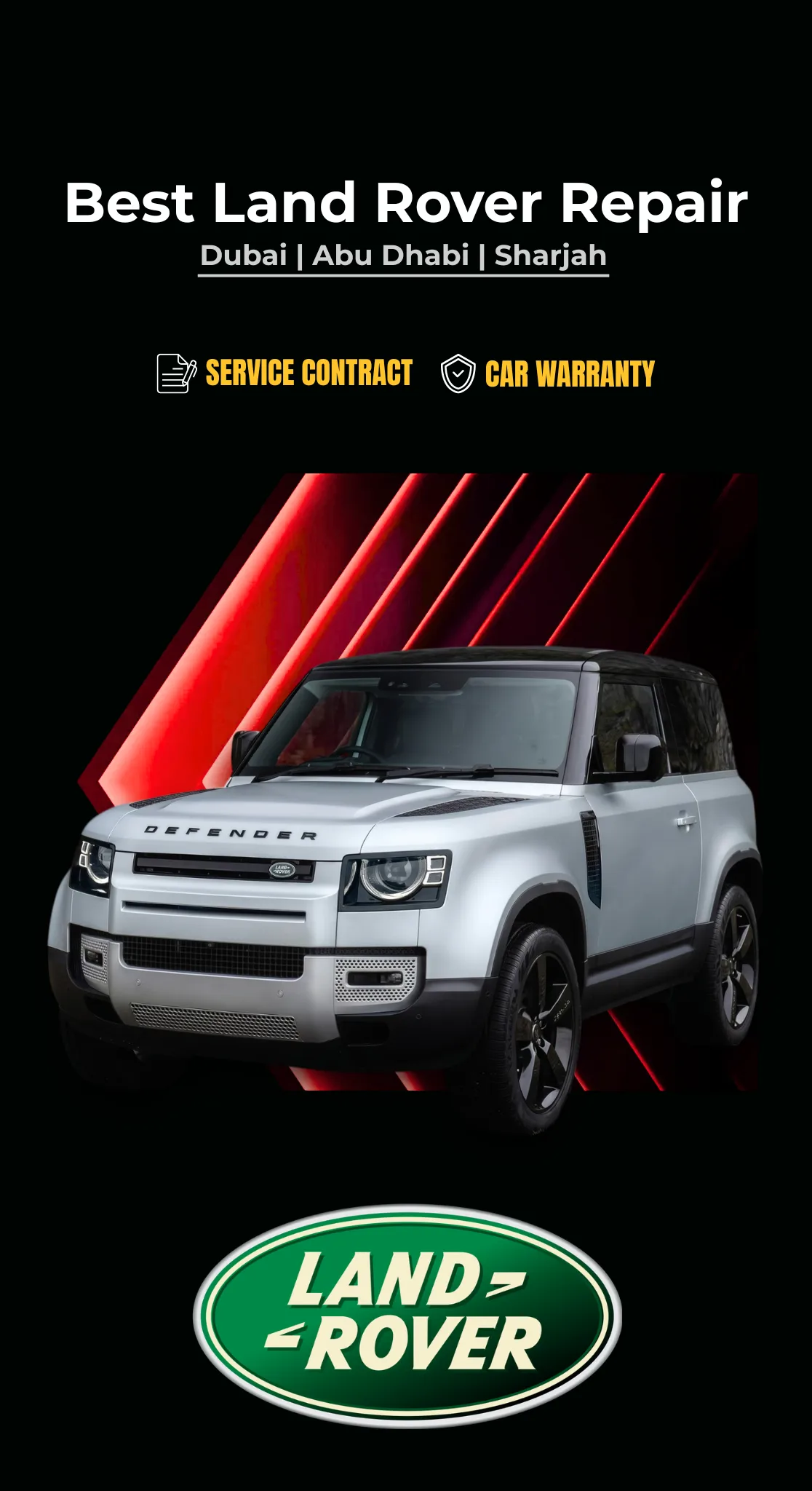 German Autos banner reading 'Best Land Rover Repair — Dubai, Abu Dhabi, Sharjah', with service contract and car warranty badges