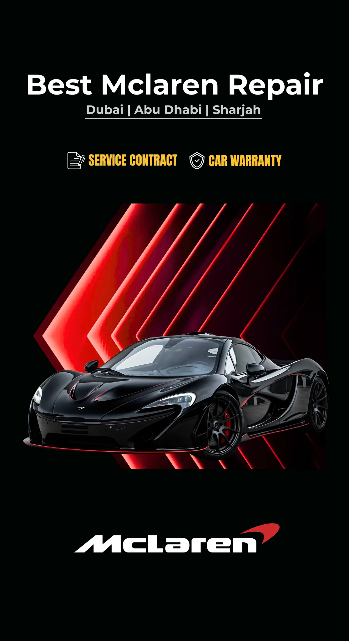 German Autos banner reading 'Best McLaren Repair — Dubai, Abu Dhabi, Sharjah', with service contract and car warranty badges