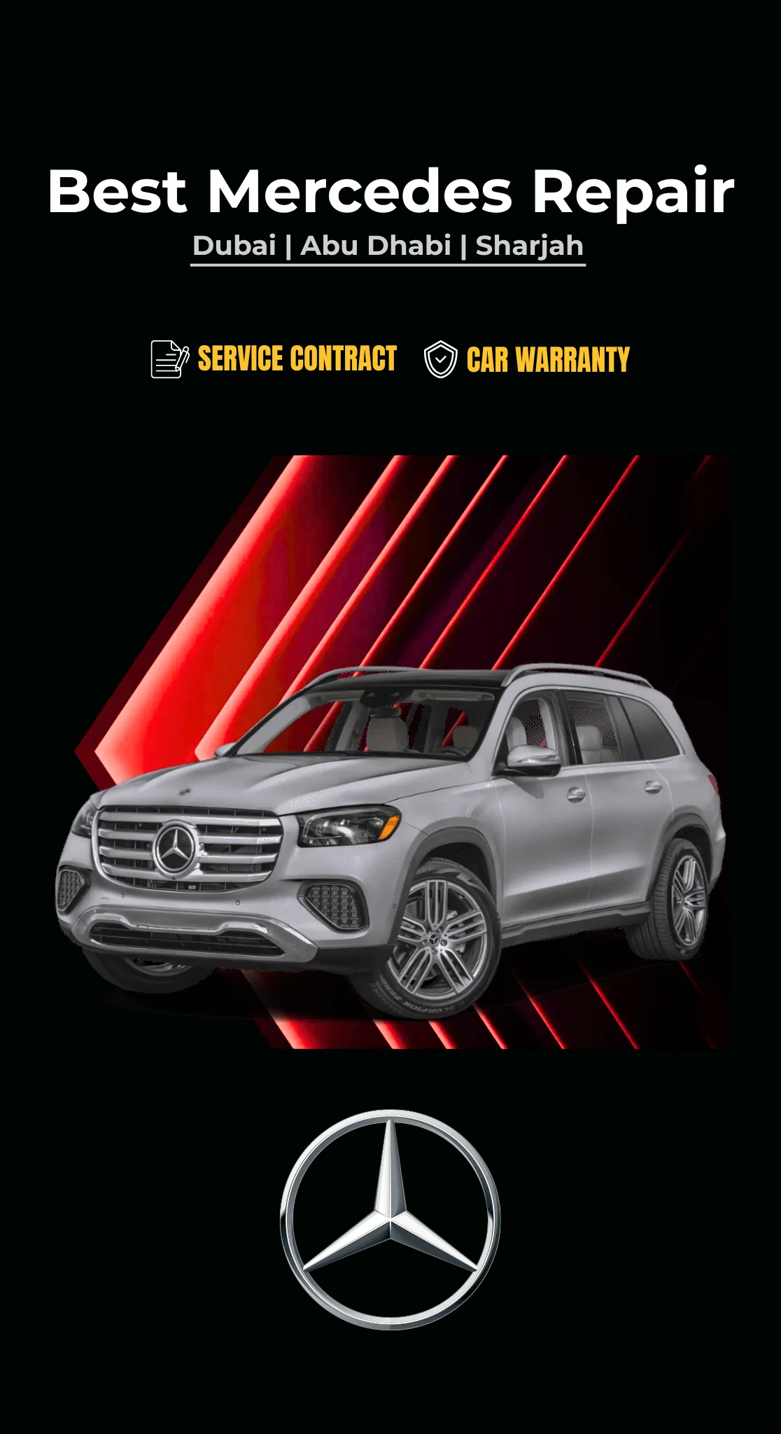 German Autos banner reading 'Best Mercedes-Benz Repair — Dubai, Abu Dhabi, Sharjah', with service contract and car warranty badges