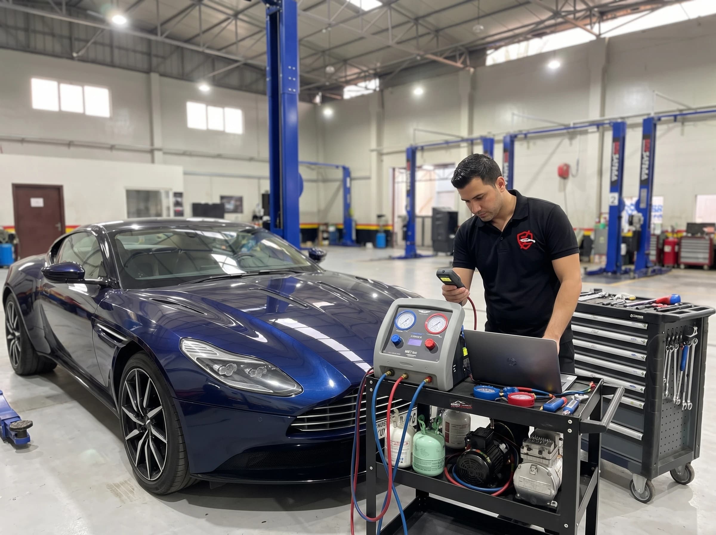 Aston Martin air conditioning repair and re-gas at German Autos, Al Quoz Dubai