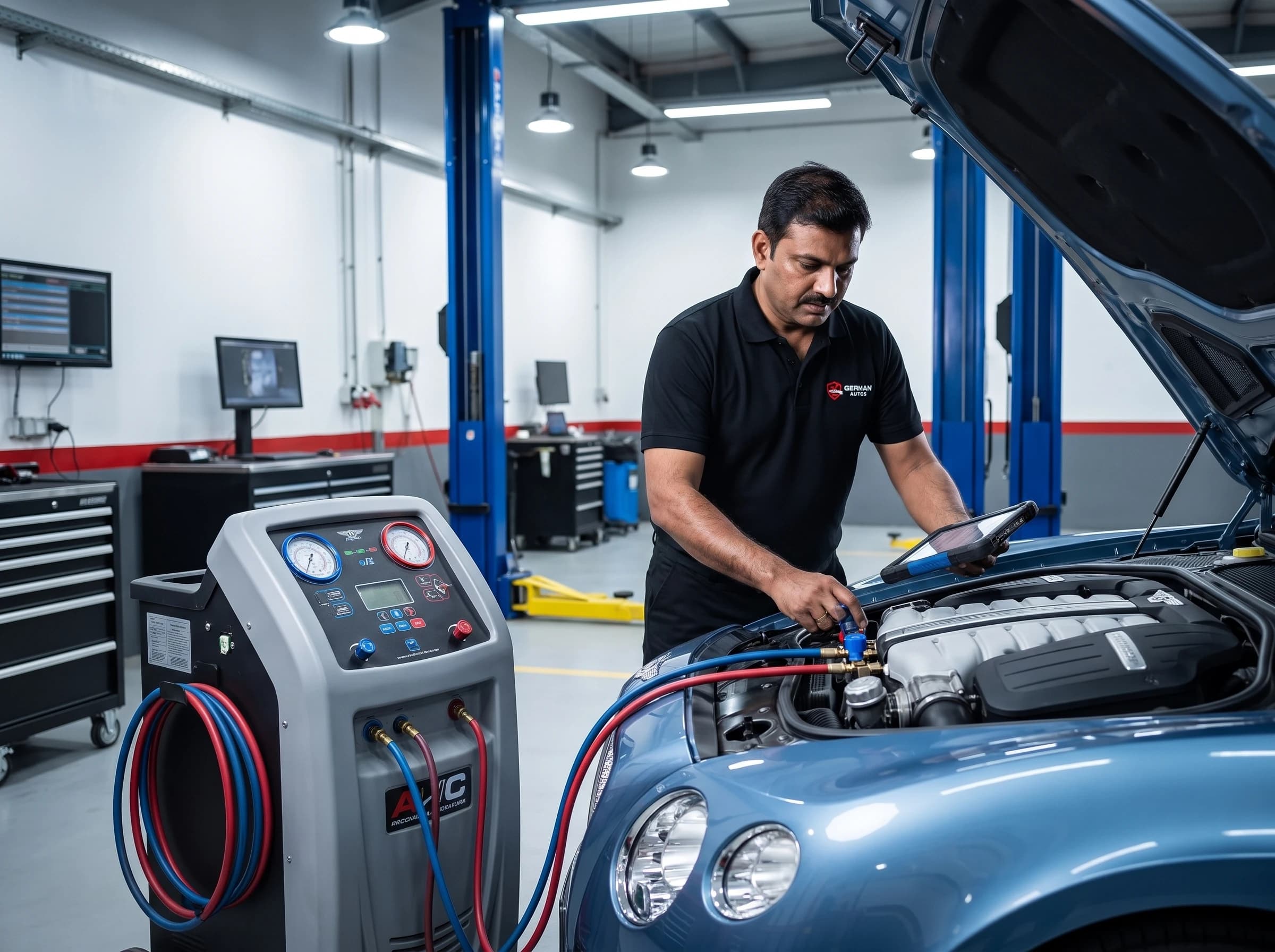 Bentley air conditioning repair and re-gas at German Autos, Al Quoz Dubai
